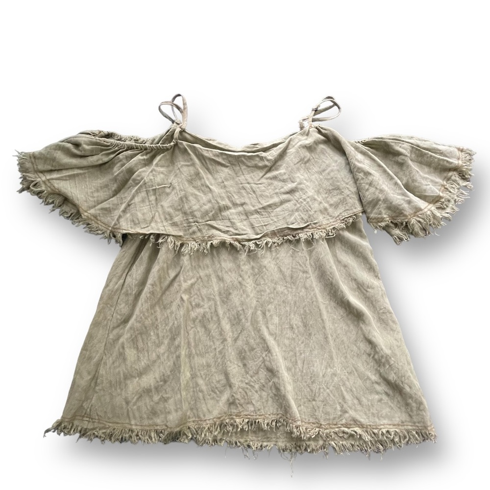 Umgee Olive Cotton Blend Off Shoulder Raw Fringe Blouse Women's Size Med Boho